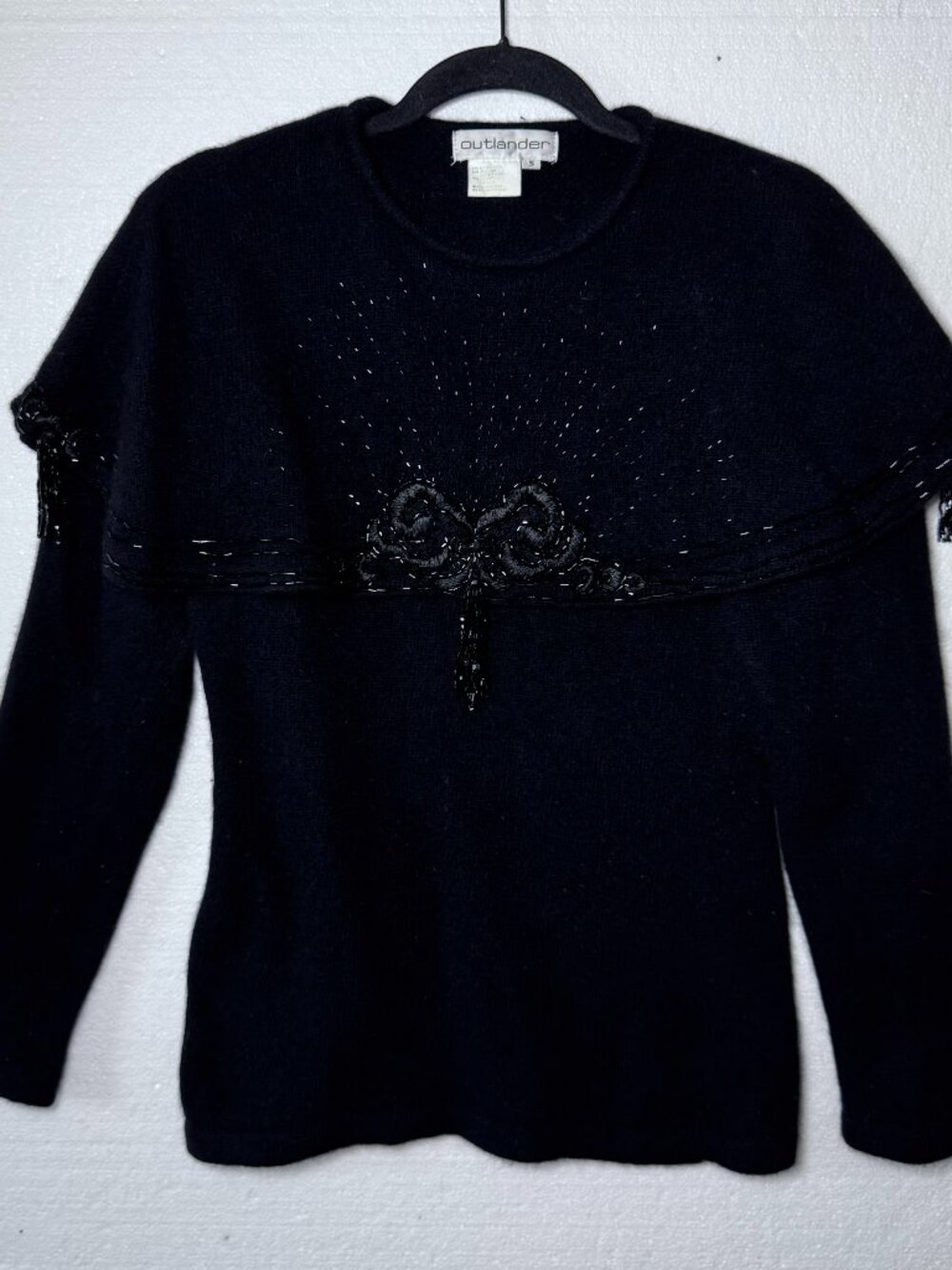 Vintage Outlander Beaded Womens Size Small Black Lambswool Sweater Embellished